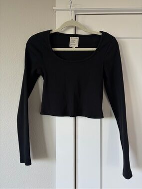For Days Organic Cotton Black Ribbed Long-Sleeve Scoop Neck Crop Top